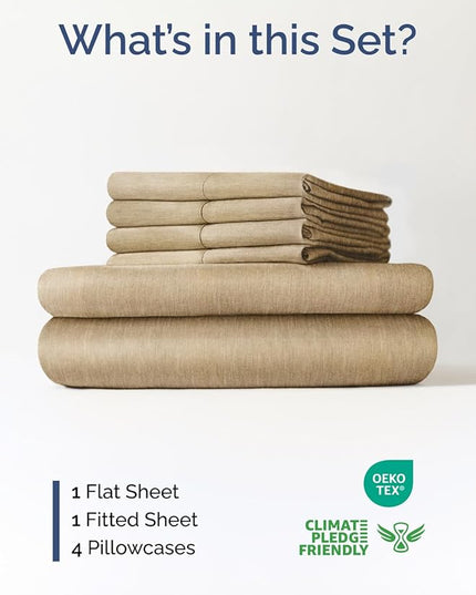 Extra Deep Queen Sheet Set - 6 Piece Breathable and Cooling Sheets - Hotel Luxury Bed Sheets Set - Easy Fit - Soft, Wrinkle Free and Comfy Sheets Set - Heathered Tan Sheet Set with Extra Deep Pockets