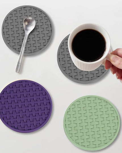 Gray Silicone Coasters with Holder, 4 Inches Non-Slip Heat Resistant Cup Mats, Decorative Waterproof Round Coaster Set of 6 for Home, Kitchen, Office, Bar, Coffee Table