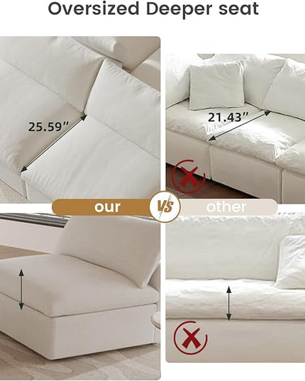WJShome 120" Cloud Couch Sectional for Living Room, L Shape Down Filled Modular Sectional Sofa,Convertible Couch with Ottoman, Sofa Covers Washable&Replaceable,White