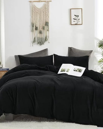 CLOTHKNOW Black Velvet Twin/Twin XL Comforter Set 3Pcs Black Bedding Comforter Sets Fluffy Soft Cozy Black Comforter with 2 x Pillowcases