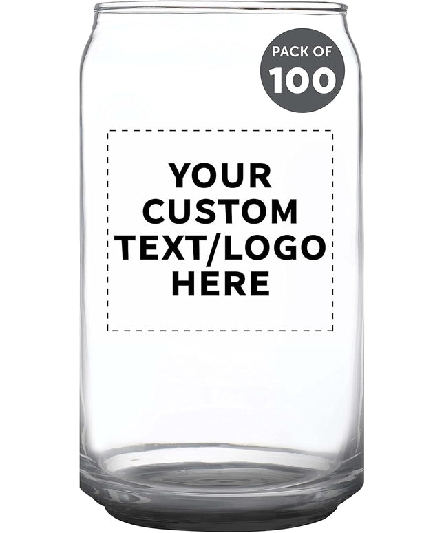 Custom Beer Can Glasses Set of 100, 16 oz. Pint Sized, Promotional Text, Logo, Soda Can Shape, Glassware, Black