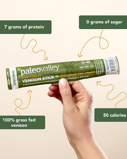 Paleovalley 100% Grass Fed Venison Sticks – 10 Pack – Keto-Friendly, High Protein, Low-Calorie Snack – Omega-3 Rich, Gluten-Free, Nitrate-Free, Naturally Flavored – Healthy On-the-Go Meat Snack