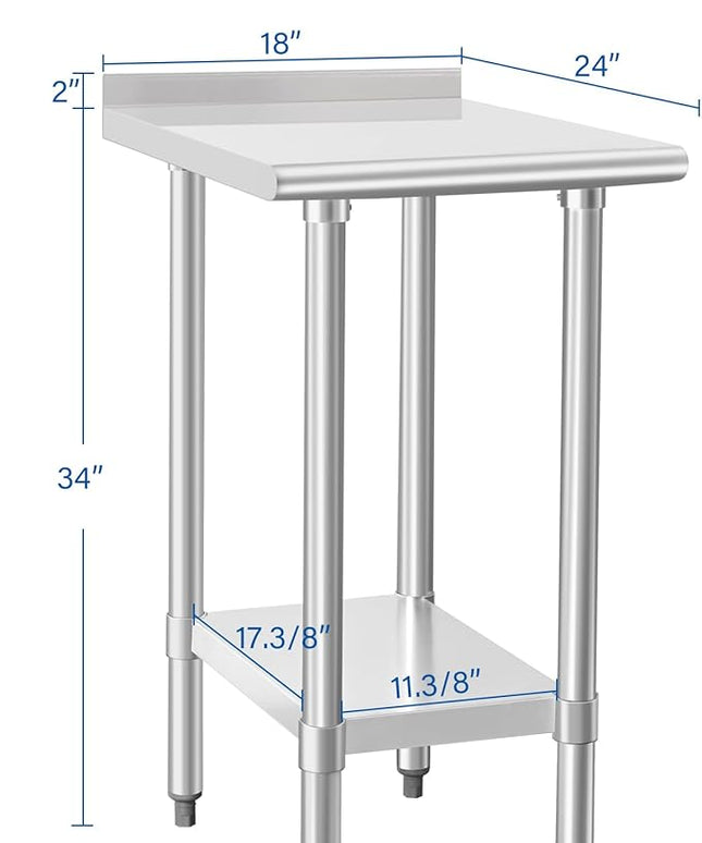 HARDURA Stainless Steel Commercial Work Table Prep Work Metal Table 24×18 Inches with Undershelf and 2" Backsplash Heavy Duty NSF 430 for Kitchen Food Prep