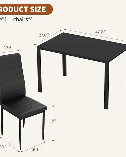 FDW | Dining Table Set for 4 | 5-Piece Glass Black Dining Table | Kitchen Table with 4 Upholstered Chairs and Faux Leather Cushions | Space-Saving and Modern Design | for Dining Room, Easy to Assemble