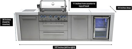 Mont Alpi Premium 4-Burner 107" Deluxe Stainless Steel Island Modular Outdoor Kitchen Island BBQ Gas Grill + Infrared Side & Rear Burners + Refrigerator + Storage Drawers and Cabinets + Rotisserie Kit