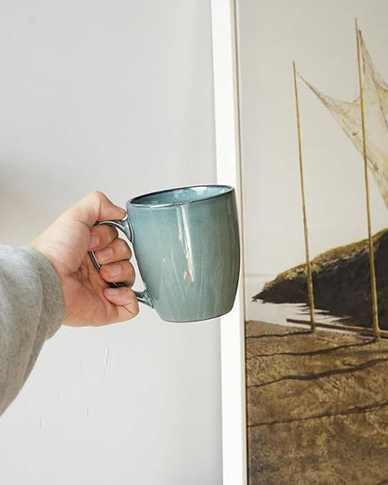 Bosmarlin Ceramic Coffee Mug Set of 4, 17 Oz, Coffee Cups with Big Handle, Microwave Safe, Unique Reactive Glaze (Lake Green, 17 Oz)