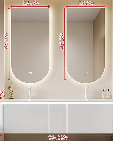 56IN Modern Double Sink Bathroom Vanity, Defogging Mirror Cabinet with LED Light Strip & Time Display Screen | Wall Mounted Bathroom Vanity with Sink Include Smart Sensor Light Strip (Style A)