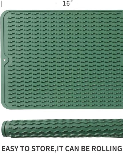 Silicone Dish Drying Mat for Multiple Usage,Easy clean,Eco-friendly,Heat-resistant Silicone Mat for Kitchen Counter or Sink,Refrigerator or drawer liner Green L 16 inches x 12 inches