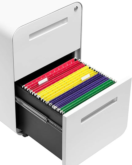 Laura Davidson Furniture Stockpile 2 Drawer Mobile File Cabinet with Lock - Under Desk Metal Filing Cabinet, Legal/Letter File Folders, Wheels and Stationary Feet, Pre-Assembled, White