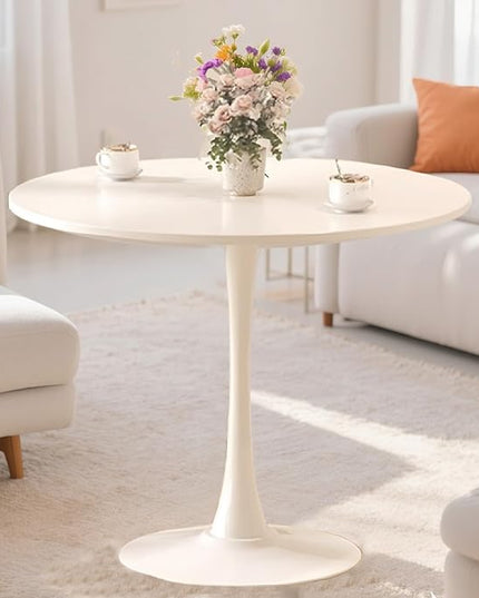 Round Table,31.5" Modern Dining Table for 2-4 People with MDF Top&Metal Pedestal Base,Coffee Table Thickened Tabletop for Dining Room/Kitchen/Living Room,White
