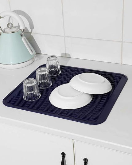 Silicone Dish Drying Mat for Multiple Usage,Easy clean,Eco-friendly,Heat-resistant Silicone Mat for Kitchen Counter or Sink,Refrigerator or Drawer Liner Navy Blue XL 18 inches x 16 inches