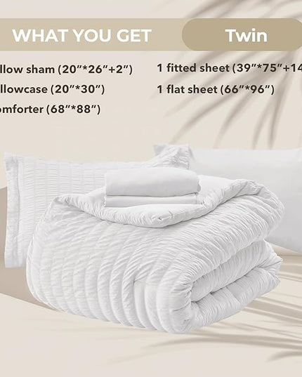 HYMOKEGE White Twin Comforter Set Seersucker 5 Pieces, All Season Luxury Bed in a Bag for Bedroom, Bedding Set with Comforters, Sheets, Pillowcase & Sham