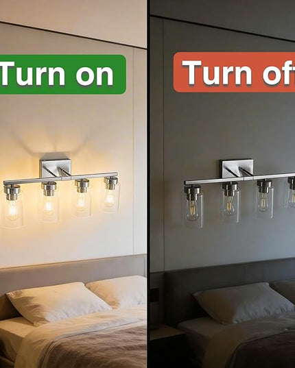 4-Light Bathroom Light Fixtures, Nickel Modern Vanity Lights Over Mirror, Bathroom Wall Sconces with Clear Glass Shade for Living Room Bedroom Hallway Cabinet Porch
