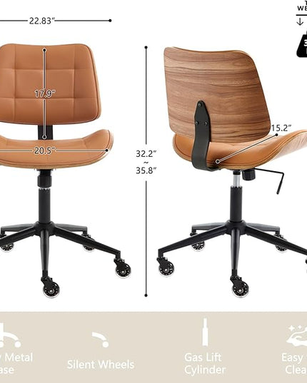 Home Office Desk Chair with Wheels, Adjustable Height Armless Office Chair, PU Leather Mid Back 360° Small Computer Chair, Modern Walnut Chair No Arms for Office, Reading Meeting Room(Brown)