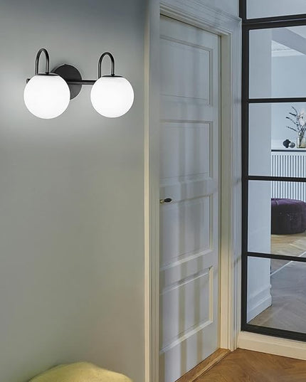 Mid Century Modern Vanity Lights for Bathroom, Black Metal Frame and Milk White Frosted Glass Globe, 2 Lights, Wall Sconce, 7.09"L x 7.09"W x 14.17"H