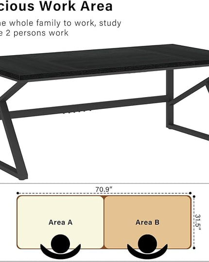 HSH 70 Inch Long Black Desk, Large Metal Wood Computer Desk for 2 Monitors, Modern Home Office PC Laptop Desk for 2 People Executive Writing Work Study Gaming, Simple Bedroom Living Room Black Table