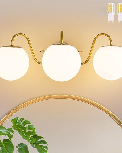 3 Lights Vintage Bathroom Vanity Light Fixtures Over Mirror, Brushed Gold Vanity Lights For Bathroom With Milk White Glass Globe Shade, Wall lights For Bedroom, Hallway, Dressing Table,Includ G9 Bulbs