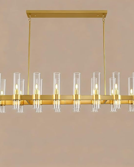 Gold Linear Chandeliers for Dining Room, 54" Rectangle Chandelier with Glass, 16-Light Modern Chandeliers Over Table, Farmhouse Chandelier for Kitchen Island, Industrial Pendant Light Fixtures