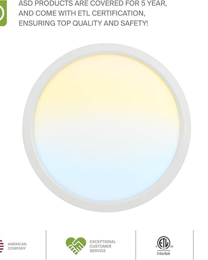 ASD LED 18" Round Flush Mount Ceiling Light Fixture, Low Profile Surface Lighting | 5CCT, Dimmable, Ultra-Thin, ETL Listed | 32W 2600LM 2700-6000K 100-277V | Kitchen, Bedroom, Hallway Lamp | White