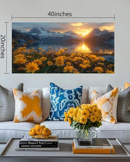 LKY ART Mountain Lake Sunset Wall Art Snow Capped Peaks with Yellow Wildflowers Picture Wall Decor for Living Room Nature Landscape Canvas Prints Poster Artwork Home Decoration