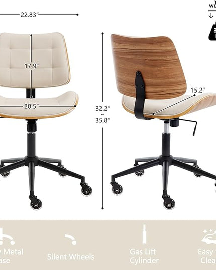 Home Office Desk Chair with Wheels, Adjustable Height Armless Office Chair, PU Leather Mid Back 360° Small Computer Chair, Modern Walnut Chair No Arms for Office, Reading Meeting Room(Beige)
