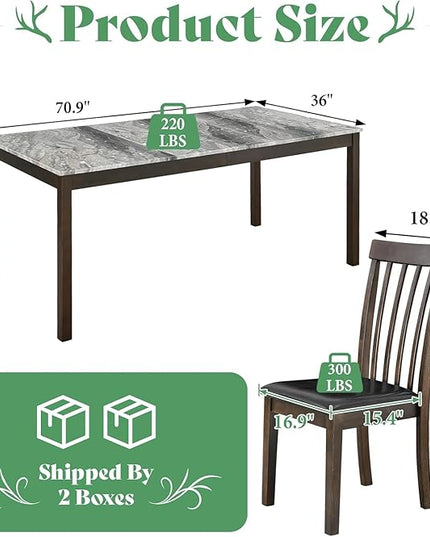 AMERLIFE 7-Piece Dining Table Set with 6 PU Leather Upholstered Chairs, Heavy-Duty Solid Wood Set with 71" Faux Marble Modern Table for Kitchen & Dining Room, Dark Brown