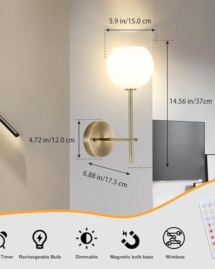 Brass Battery Operated Wall Sconces Set of 2, Rechargeable Wireless Wall Lights with Milky White Frosted Glass, 12 RGB and 3CCT Dimmable, Wall Lamps with Remote for Bedroom Living Room Hallway
