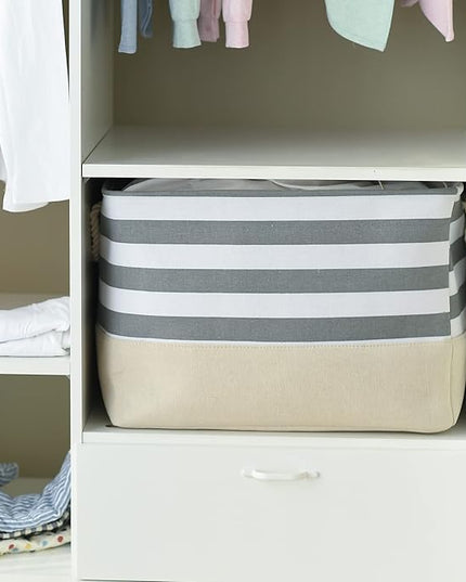 TheWarmHome Jumbo Storage Bins Baskets, Sturdy Fabric Organizing Basket W/Handles, Decorative Foldable Storage Baskets for Shelves Closet Nursery Toy (Grey&White Stripes 3 Pack, 20.5Lx15.7Wx13.8H in)