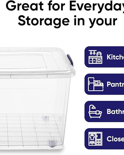 Superio Clear Storage Boxes with Wheels (2 Pack), 85 Qt Heavy Duty Containers with Lids, Stackable Rolling Bins for Home, Garage, Closet Organization- Linen, Tools, Clothing, Supplies
