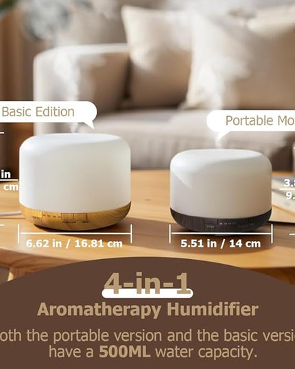 Essential Oil Diffuser 500ml,Aromatherapy Diffuser with 7 LED Lights,Quiet Air Humidifier 4-in-1 with Timer & Auto-Off,Compact Scent Diffuser for Bedroom,Yoga,SPA,Baby Room(Basic Edition)