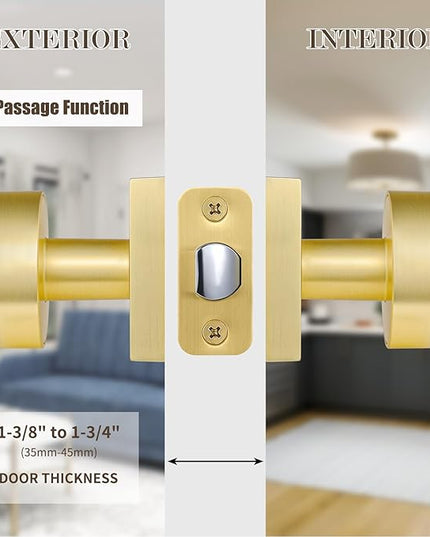 Passage Brass Door Knobs Interior, Brushed Gold Passage Door Knobs, Square Gold Door Handles for Closet Hallway, Heavy Duty Design