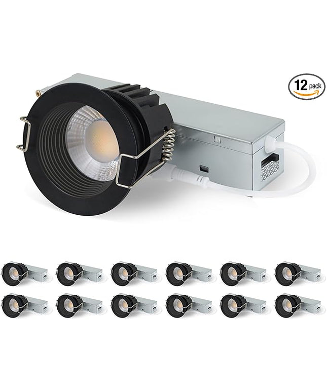 2 Inch 5CCT Anti-Glare LED Recessed Lights with Jbox, 2700K/3000K/3500K/4000K/5000K Selectable, 8W 840LM CRI90+, Dimmable Canless Downlight, Waterproof Light Fixture, ETL & FCC（Black, 12 Pack）