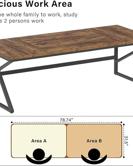 HSH Large Rustic Brown Computer Desk, 78 Inch Extra Long Metal Wood Desk for Home Office, Two Person Executive Writing Study Gaming Desk Table, Bedroom Living Room PC Laptop Dual Monitor Desk