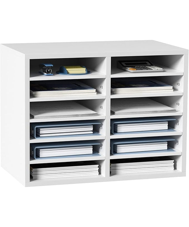 VEVOR Literature Organizers, 12 Compartments Office Mailbox with Adjustable Shelves, Wood Literature Sorter 20.4x12x16.1 inches for Office, Home, Classroom, Mailrooms Organization, EPA Certified White
