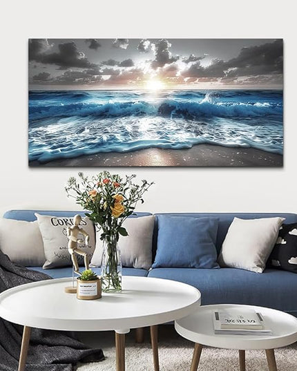 hyidecorart Blue Sea Waves Wall Pictures Framed Wall Art For Living Room Canvas Wall Decor For Office Sunshine Beach Painting Bedroom Home Decorations Prints Posters Mural Artwork Ready To Hang