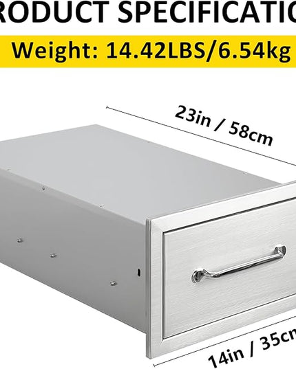 Outdoor Kitchen Drawers 14" W x 8.5" H x 23" D Flush Mount Single BBQ Drawers with Chrome Handle Built-in Stainless Steel Drawer for Outdoor Kitchen Island, Patio Grill Station