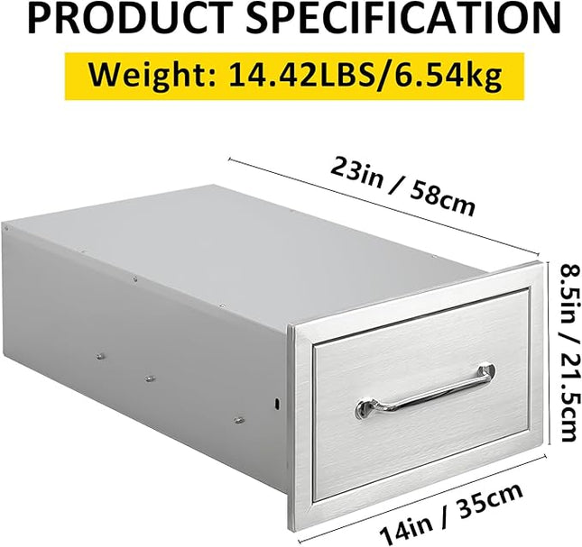 Outdoor Kitchen Drawers 14" W x 8.5" H x 23" D Flush Mount Single BBQ Drawers with Chrome Handle Built-in Stainless Steel Drawer for Outdoor Kitchen Island, Patio Grill Station