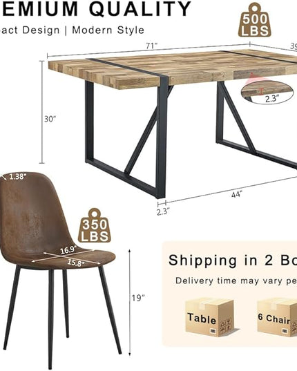 FURNITO Wood Dining Table Set for 6, 71" Large Rectangular Kitchen & Dining Room Table with 6 Suede Upholstered Chairs, Modern Farmhouse Dining Set for Home, Living Room, Office, or Conference Room