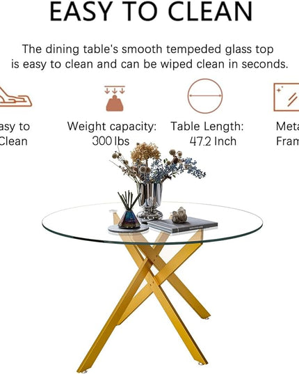 5 Piece Round Dining Table Set for 4, Modern Glass Kitchen Dining Room Table Set for 4, 47" Circle Gold Glass Metal Dining Table with 4 White PU Leather Dining Chairs for Kitchen Dining Room
