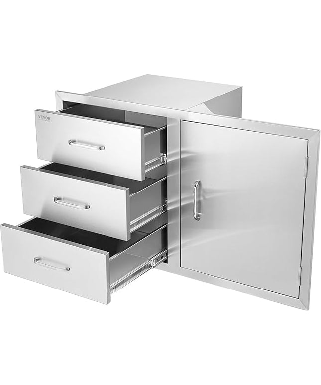 VEVOR BBQ Island Drawers 38.1W x 22.6H x 20.8D, Outdoor Kitchen Door Drawer Combo Cabinets, BBQ Access Door/Triple Drawers Combo, Stainless Steel Handles, Perfect for BBQ Island Patio Grill Station