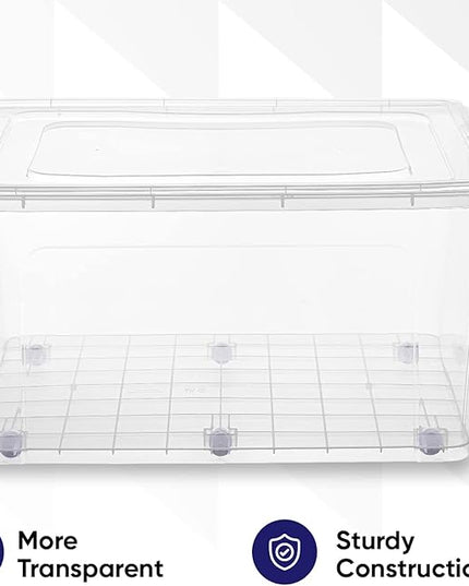Superio Clear Storage Boxes with Wheels (2 Pack), 85 Qt Heavy Duty Containers with Lids, Stackable Rolling Bins for Home, Garage, Closet Organization- Linen, Tools, Clothing, Supplies