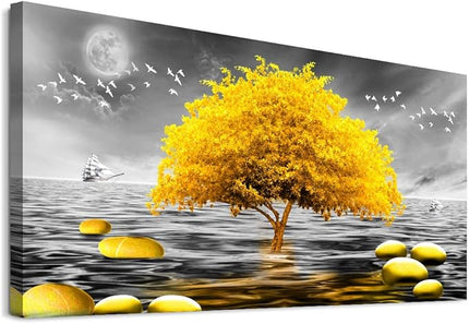 hyidecorart Canvas Wall Art 30"X60" - Black And White Ocean Scenery & Yellow Tree Art Print, Large Wall Decor Posters Abstract Pictures for Living Room, Bedroom, Office Modern Home Decor