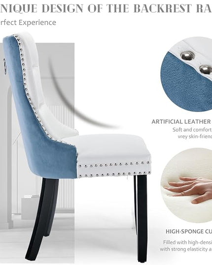 SoarFlash Leather Dining Chairs Set of 4, Tall Back Side Chair, Modern Upholstered Side Chair with Button Back Ring, Solid Wood Legs (White&Blue)