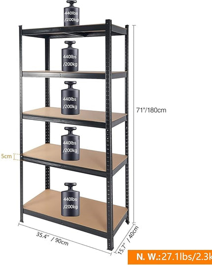 Heavy Duty 5-Tier Storage Shelving Unit, Black Steel Frame with MDF Boards, 71" H x 35.5" W x 15.8" D, 2000 lbs Capacity, Adjustable Garage Organization Rack