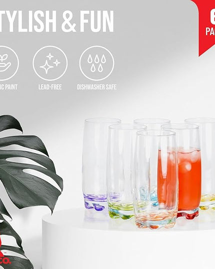 Vibrant Splash Water, Beverage Highball Glasses, 13.25 Ounce - Set of 6
