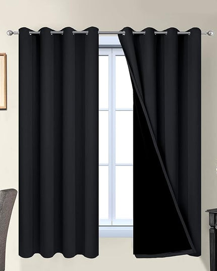 Yakamok 63 Inch Length 100% Blackout Curtains for Bedroom, 2 Thick Layers Thermal Insulated Grommet Total Blackout Drapes with Black Liner for Living Room (52Wx63L,Black, 2 Panels)