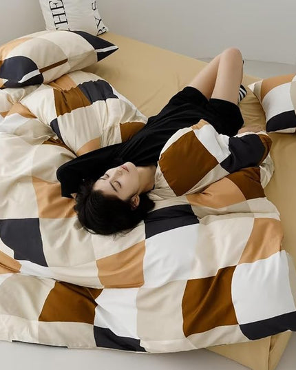 Luxlovery Beige Brown Plaid Comforter Set King Checkered Bedding Set Grid Geometric Blanket Quilts Soft Breathable Buffalo Modern Abstract Comforter for King Bed