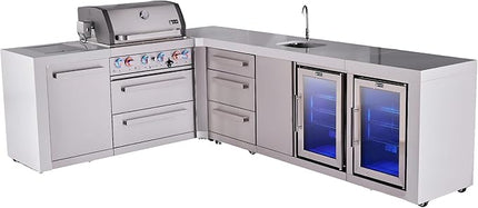Mont Alpi MAi400-D90BEVFCDR 4-Burner Premium Deluxe L-shaped Modular Stainless Steel Outdoor Kitchen Island BBQ Gas Grill + Beverage Center + Refrigerator + Granite Countertops + Cover + Rotisserie