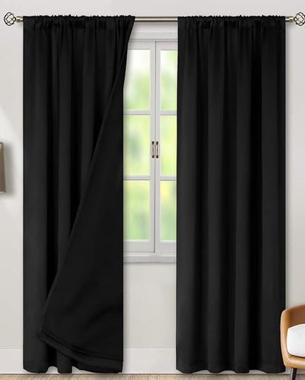 BGment Black Blackout Curtains for Bedroom 90 Inch Length, Rod Pocket 100% Blackout Curtains with Thermal Liner Room Darkening Curtains for Living Room, Each Window Curtains 2 Panels, 52 x 90 Inch