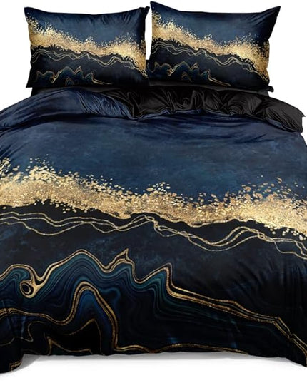 Dark Blue Marble Duvet Cover Set King Size Golden foil Bedding Comforter Covers Marbling Bed Set with 2 Pillow Shams Breathable Durable Soft Comfy